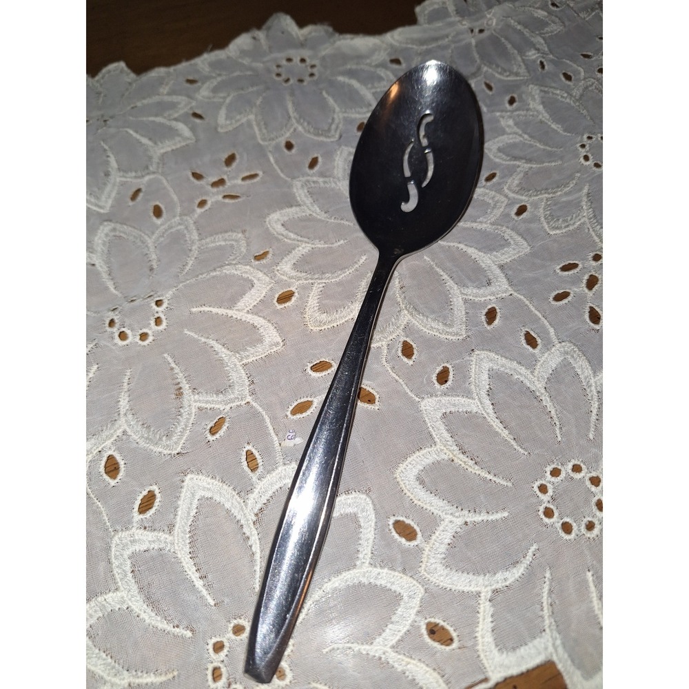 Insico Stainless USA Slotted Serving Spoon Vintage Scroll Cutout Flatware Silver